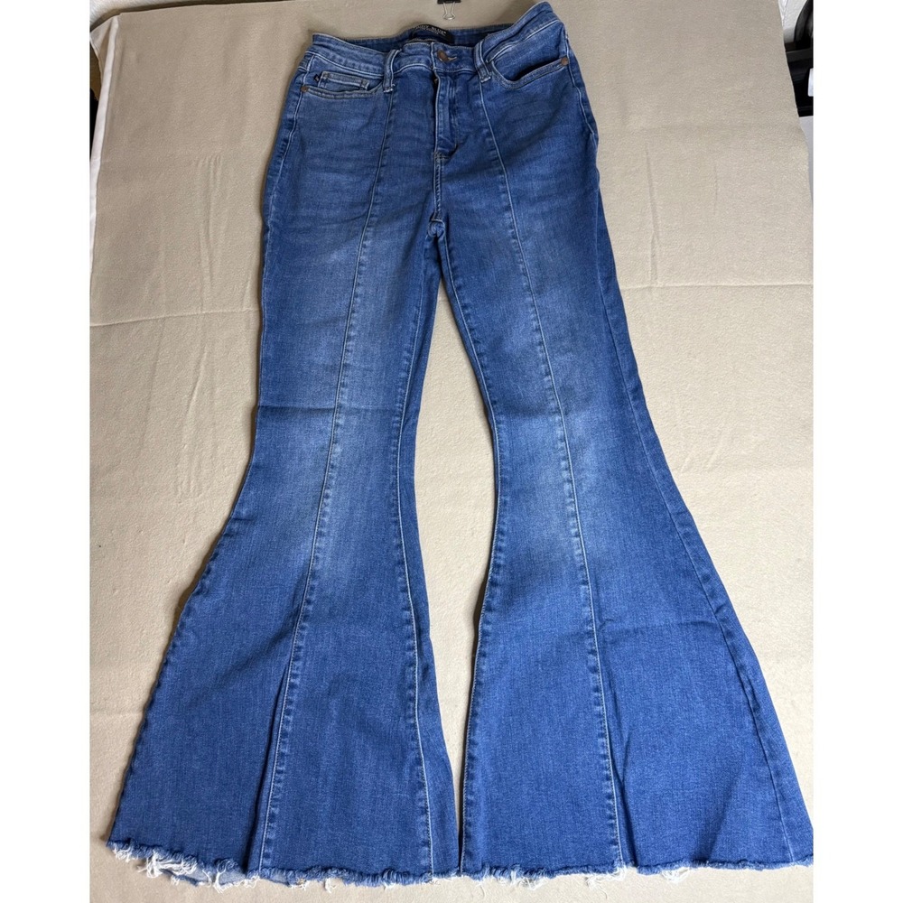 Judy Blue Super Flare Jeans Medium Wash High Rise Seam Detail Frayed Hem 9/29